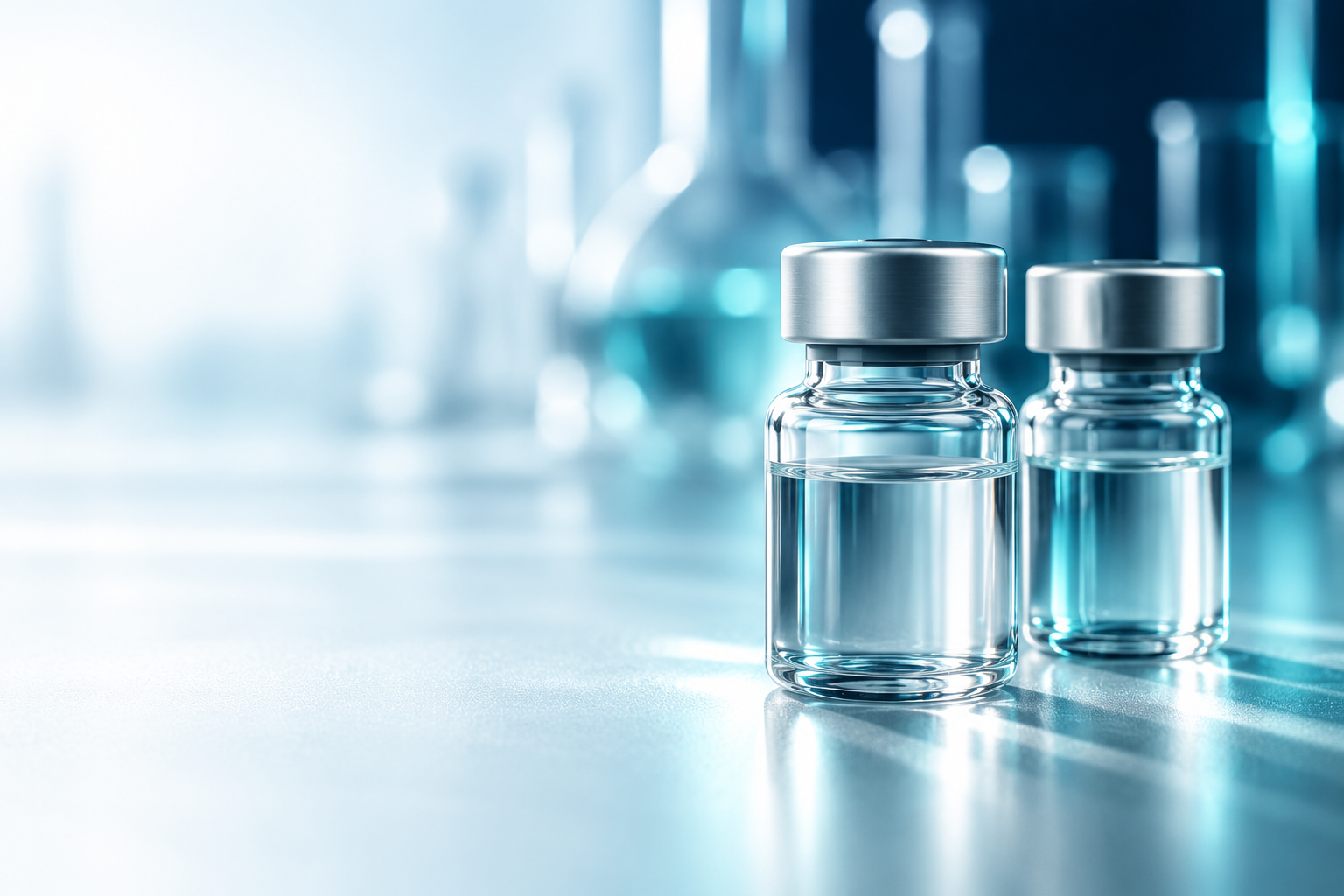 Clear laboratory sample vials with teal reflections